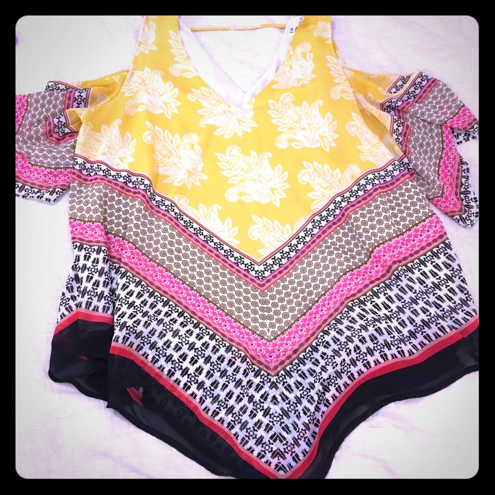 Women’s Yellow Floral V‑Neck Cold‑Shoulder Blouse